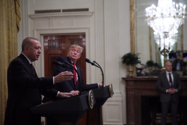 WASHINGTON, DC - NOVEMBER 13: Turkish President Recep Tayyip Erdogan answers a question during a press conference with U.S. President Donald Trump in the East Room of the White House on November 13, 2019 in Washington, DC. During their meeting, Trump and Erdogan were scheduled to discuss Turkey's purchase of …