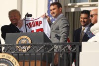 WASHINGTON, DC - NOVEMBER 04: Washington Nationals first baseman Ryan Zimmerman presents U.S. President Donald Trump with a team jersey during a celebration of the 2019 World Series Champions at the White House November 04, 2019 in Washington, DC. The Nationals are Washington’s first Major League Baseball team to win …