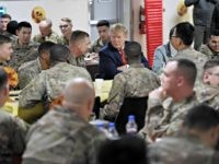 US President Donald Trump shares a Thanksgiving dinner with US troops at Bagram Air Field during a surprise visit on November 28, 2019 in Afghanistan. (Photo by Olivier Douliery / AFP) (Photo by OLIVIER DOULIERY/AFP via Getty Images)