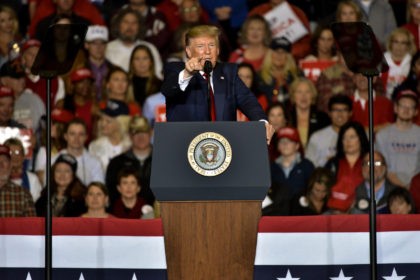 TUPELO, MS - NOVEMBER 01: President Donald Trump points at members of the media during a &