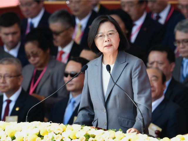 Taiwan President Tsai Ing-Wen speaks during National Day celebrations in front of the Presidential Palace in Taipei on October 10, 2019. - President Tsai Ing-wen pledged October 10 to defend Taiwan's sovereignty, calling it the "overwhelming consensus" among Taiwanese people to reject a model that Beijing has used to rule …
