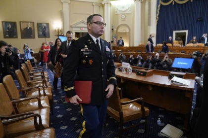 WASHINGTON, DC - NOVEMBER 19: Lt. Col. Alexander Vindman, National Security Council Director for European Affairs, departs after testifying before the House Intelligence Committee in the Longworth House Office Building on Capitol Hill November 19, 2019 in Washington, DC. The committee heard testimony during the third day of open hearings …
