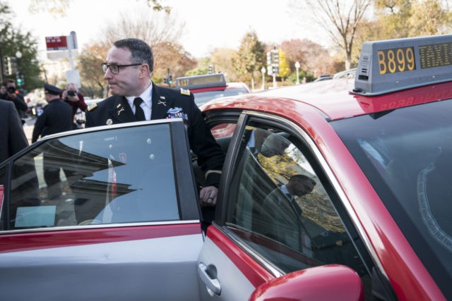 WASHINGTON, DC - NOVEMBER 19: Lt. Col. Alexander Vindman, National Security Council Director for European Affairs, exits Longworth House Office Building after testifying before the House Intelligence Committee during the second week of impeachment hearings of President Donald Trump on November 19, 2019 on Capitol Hill in Washington, DC. The …