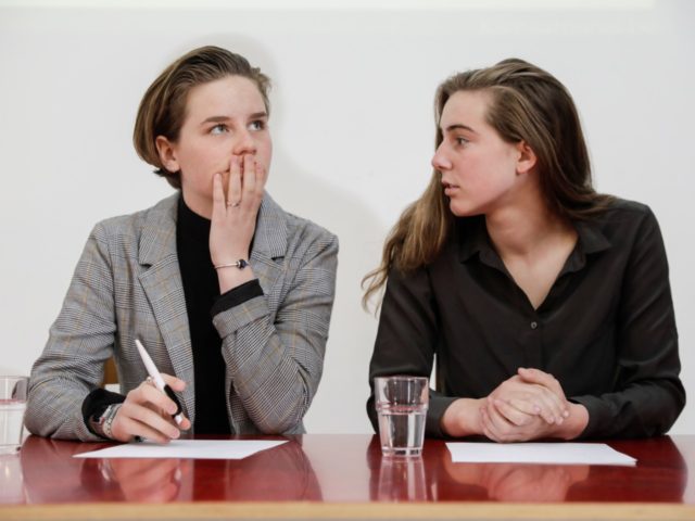 Climate activist Anuna De Wever and Climate activists Adelaide Charlier pictured during a press conference to present the report by the 'Panel for the Climate', on demand of 'Youth for Climate', in Brussels, Tuesday 14 May 2019. The organizers of the ongoing student strike action 'Youth For Climate', urging pupils …