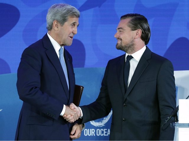 WASHINGTON, DC - SEPTEMBER 15: U.S. Secretary of State John Kerry (L) shakes hands with actor and environmental activist Leonardo DiCaprio after he announced the launch of the Global Fishing Watch during the Our Oceans conference at the State Department's Harry S. Truman building September 15, 2016 in Washington, DC. …