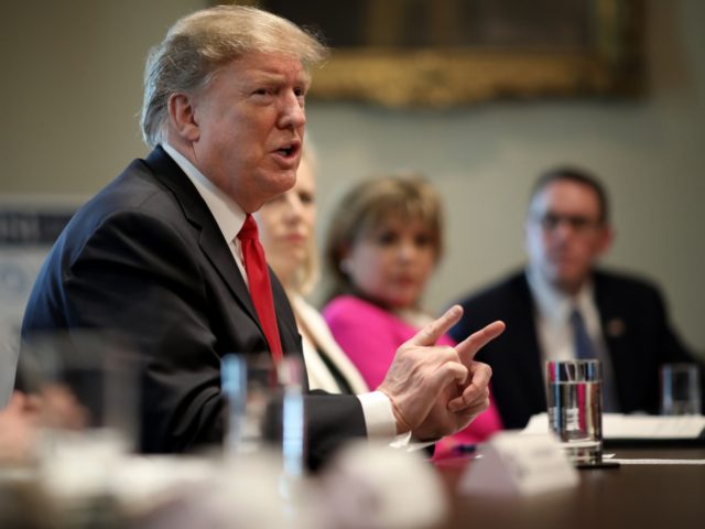 WASHINGTON, DC - FEBRUARY 01: U.S. President Donald Trump speaks during a meeting in the Cabinet Room of the White House February 1, 2019 in Washington, DC. Trump spoke during an event discussing the fight against human trafficking on the southern border of the United States and renewed his call …