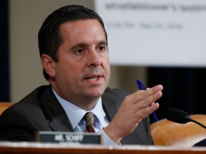 Ranking member Rep. Devin Nunes of Calif., questions Ambassador Kurt Volker, former special envoy to Ukraine, and Tim Morrison, a former official at the National Security Council, as they testify before the House Intelligence Committee on Capitol Hill in Washington, Tuesday, Nov. 19, 2019, during a public impeachment hearing of …