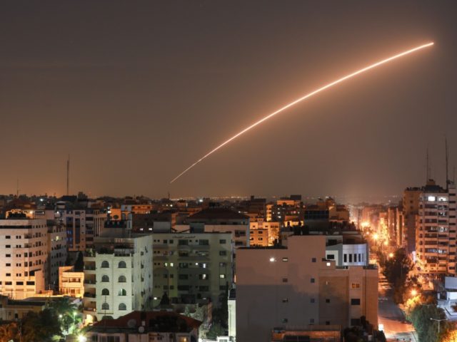 TOPSHOT - Israeli missile launched from the Iron Dome defence missile system, designed to