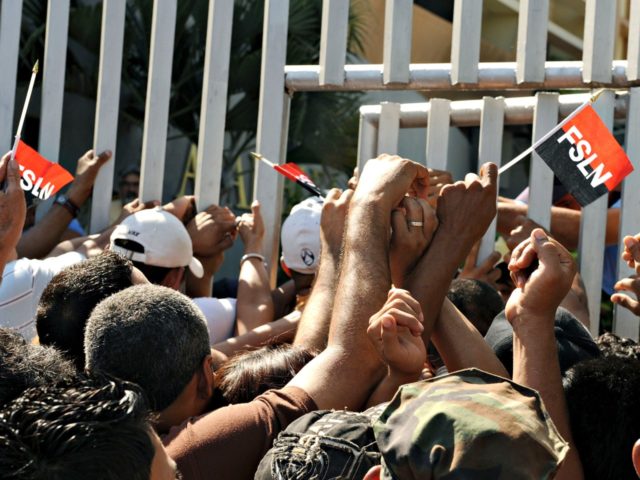 Members of the Sandinista National Liberation Front (FSLN for its initials in Spanish) and supporters of Nicaraguan President Daniel Ortega protest outside the National Assembly in Managua, on February 10, 2010. Members opposed to the Nicaraguan government failed to achieve quorum to meet and discuss a controversial amnesty bill for …