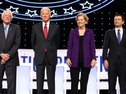 WESTERVILLE, OHIO - OCTOBER 15: Sen. Bernie Sanders (I-VT), former Vice President Joe Biden, Sen. Elizabeth Warren (D-MA), and South Bend, Indiana Mayor Pete Buttigieg are introduced before the Democratic Presidential Debate at Otterbein University on October 15, 2019 in Westerville, Ohio. A record 12 presidential hopefuls are participating in …