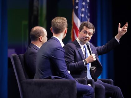 WASHINGTON, DC - OCTOBER 28: Democratic presidential candidate and South Bend, Indiana Mayor Pete Buttigieg (R) is interviewed by former Obama Administration officials Ben Rhodes and Tommy Vietor during the J Street National Conference at the Walter E. Washington Convention Center October 28, 2019 in Washington, DC. Buttigieg and three …