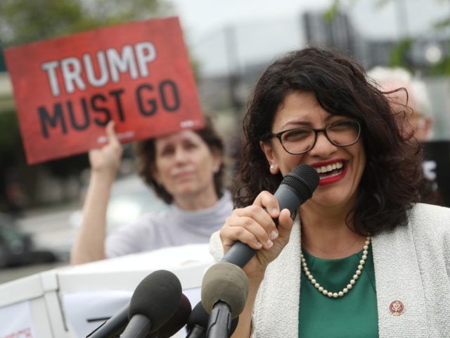 WASHINGTON, DC - MAY 09: Rep. Rashida Tlaib (D-MI) speaks during an event with activist groups to deliver over ten million petition signatures to Congress urging the U.S. House of Representatives to start impeachment proceedings against President Donald Trump on Capitol Hill May 9, 2019 in Washington, DC. (Photo by …