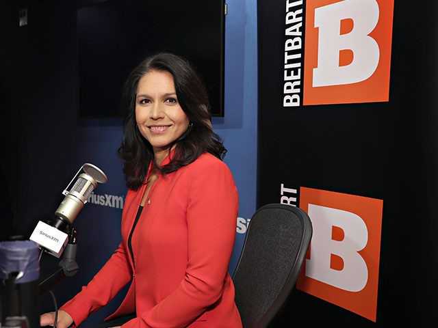 NEW YORK, NY - NOVEMBER 07: Rep. Tulsi Gabbard talks with SiriusXM's "Breitbart News Daily" at SiriusXM Studios on November 7, 2019 in New York City. (Photo by Cindy Ord/Getty Images for SiriusXM)