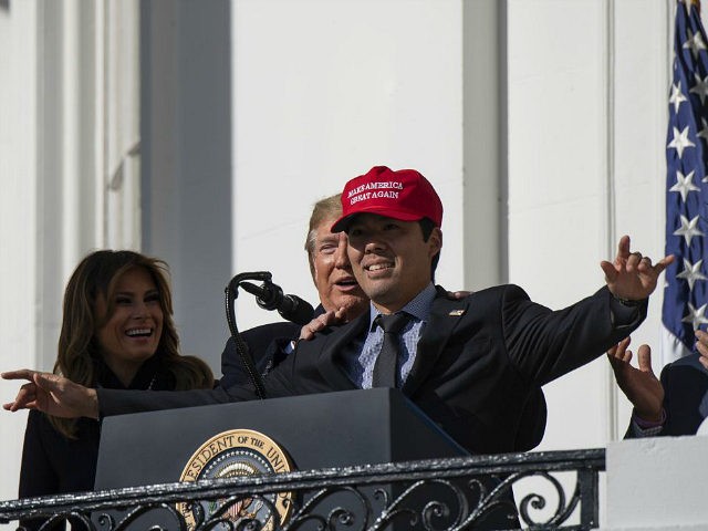 Baseball player Kurt Suzuki wears a "Make America Great Again" hat as US President Donald Trump and First Lady Melania Trump welcome the 2019 World Series Champions, The Washington Nationals, to the White House on November 4, 2019 in Washington,DC. (Photo by NICHOLAS KAMM / AFP) (Photo by NICHOLAS KAMM/AFP …