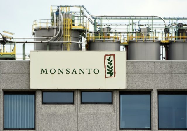 A picture taken on May 24, 2016 in Lillo near Antwerp shows the Monsanto logo on a building at the firm Manufacturing Site and Operations Center. Monsanto pleads guilty to using banned pesticide on research crop