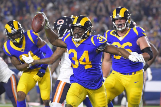 Bears Rams Football Los Angeles Rams running back Malcolm Brown celebrates after scoring against the Chicago Bears during the second half of an NFL football game Sunday, Nov. 17, 2019, in Los Angeles. (AP Photo/Mark J. Terrill) The Associated Press
