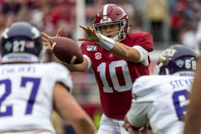 Western Carolina Alabama Football Alabama quarterback Mac Jones (10) grabs a wide snap from the shotgun position during the first half of an NCAA college football game against Western Carolina, Saturday, Nov. 23, 2019, in Tuscaloosa, Ala. (AP Photo/Vasha Hunt) The Associated Press
