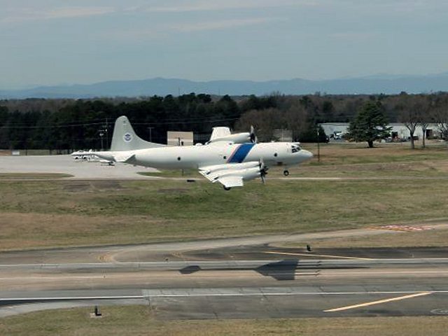 U.S. Customs and Border Protection Air and Marine Operations P-3 Orion returns from patrol.