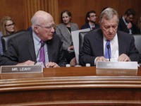 Sen. Patrick Leahy, D-Vt., left, and Sen. Richard Durbin, D-Ill., right, prepare to hear testimony by Acting Department of Homeland Security Secretary Kevin McAleenan at the Senate Judiciary Committee on Capitol Hill in Washington, Tuesday, June 11, 2019. (AP Photo/Pablo Martinez Monsivais)