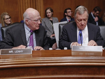 Sen. Patrick Leahy, D-Vt., left, and Sen. Richard Durbin, D-Ill., right, prepare to hear testimony by Acting Department of Homeland Security Secretary Kevin McAleenan at the Senate Judiciary Committee on Capitol Hill in Washington, Tuesday, June 11, 2019. (AP Photo/Pablo Martinez Monsivais)