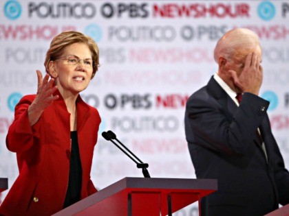 LOS ANGELES, CALIFORNIA - DECEMBER 19: Sen. Elizabeth Warren (D-MA) speaks as former Vice President Joe Biden listens during the Democratic presidential primary debate at Loyola Marymount University on December 19, 2019 in Los Angeles, California. Seven candidates out of the crowded field qualified for the 6th and last Democratic …