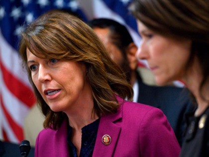 Congresswoman Cindy Axne (D-IA) speaks as Cheri Bustos (D-IL) (R) looks on during a press conference with other Mayor's and House of Representative members calling on US President Donald Trump and Congress to end the shutdown in Washington, DC on January 24, 2019. (Photo by ANDREW CABALLERO-REYNOLDS / AFP) (Photo …
