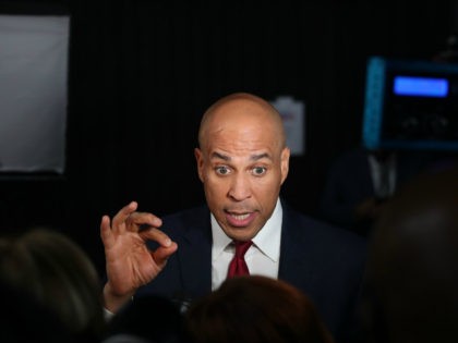 Sen. Cory Booker (D-NJ) speaks during a television interview after the Democratic Presidential Debate at Tyler Perry Studios November 20, 2019 in Atlanta, Georgia. Ten Democratic presidential hopefuls were chosen from the larger field of candidates to participate in the debate hosted by MSNBC and The Washington Post. (Photo by …