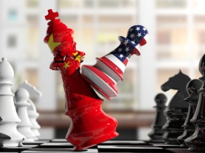 USA and China relations. US America chess pawn hits China chess king on a chessboard, blur background. 3d illustration