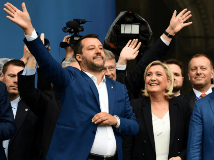 (L-R) Italian Deputy Prime Minister and Interior Minister Matteo Salvini, President of the French far-right Rassemblement National (RN) party Marine Le Pen, leader of Bulgarian Volya (Will) party Veselin Mareshki, deputy chairman of the Conservative People's Party of Estonia (EKRE) Jaak Madison, and leader of the Czech Freedom and Direct …
