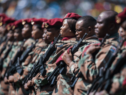 South African Army soldiers stand in line during the inauguration ceremony of the South Af