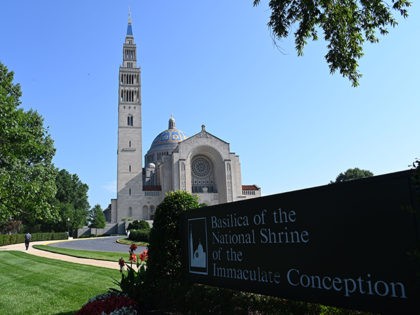 The Basilica of the National Shrine of the Immaculate Conception is viewed on July 21, 2019 in Washington,DC. - The National shrine is the largest Catholic church in the United States and in North America, and the tallest habitable building in Washington, D.C. (Photo by Daniel SLIM / AFP) (Photo …