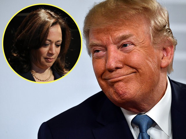 (INSET: Kamala Harris) US President Donald Trump smiles during a bilateral meeting with Ja