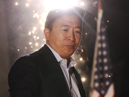 LOS ANGELES, CALIFORNIA - SEPTEMBER 30: Democratic presidential candidate, entrepreneur Andrew Yang stands at a campaign rally on September 30, 2019 in Los Angeles, California. Yang is the son of Taiwanese immigrants and was born in upstate New York. (Photo by Mario Tama/Getty Images)