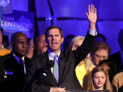 Apparent Gov.-elect Andy Beshear celebrates with supporters after voting results showed the Democrat holding a slim lead over Republican Gov. Matt Bevin at C2 Event Venue on November 5, 2019 in Louisville, Kentucky. Bevin, who enjoyed strong support from President Donald Trump, did not concede after results showed Beshear leading …