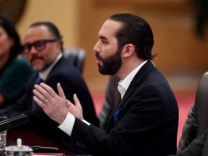 El Salvador's President Nayib Bukele speaks during a meeting with China's President Xi Jinping (not pictured) at the Great Hall of the People in Beijing on December 3, 2019. (Photo by Noel CELIS / POOL / AFP) (Photo by NOEL CELIS/POOL/AFP via Getty Images)