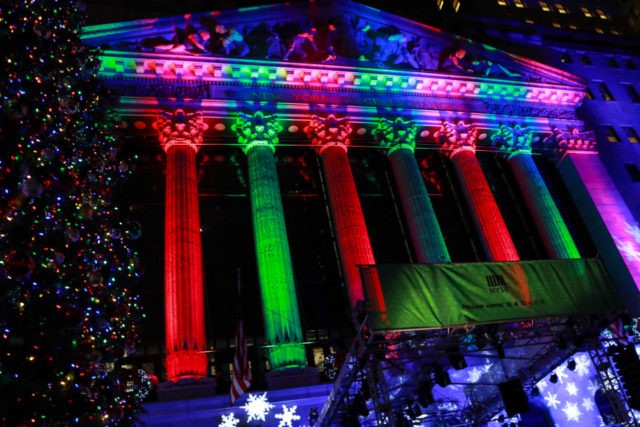 NEW YORK, NY - DECEMBER 05: A view of the NYSE building decoration as the New York Stock Exchanges 96th Annual Christmas Tree Lighting at New York Stock Exchange on December 5, 2019 in New York City. (Photo by Jason Mendez/Getty Images)
