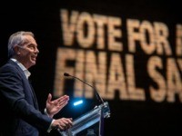 LONDON, ENGLAND - DECEMBER 06: Former Prime Minster Tony Blair speaks at a "Vote for a Final Say" rally about Brexit and the upcoming general election on December 6, 2019 in London, England. Former Prime ministers Tony Blair and John Major were joined by other political figures including Michael Heseltine, …