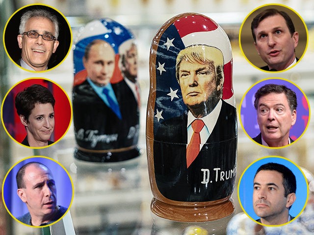 (INSETS: David Corn, Daniel Goldman, James Comey, Ari Melber, Jonathan Chait, Rachel Maddow) MOSCOW, RUSSIA - DECEMBER 03: A souvenir shopkeeper displays Matryoshka dolls featuring Russian President Vladimir Putin and US presidents, including Donald Trump, on December 3, 2019 in Moscow, Russia. (Photo by Misha Friedman/Getty Images)