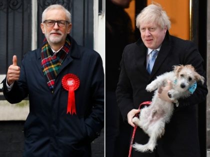 (COMBO) In this combination of photos created on December 12, 2019, Britain's Prime Minister Boris Johnson and his dog Dilyn (top), and Britain's Labour Party leader Jeremy Corbyn, are are seen as they attend Polling Stations to cast their ballot papers and vote on December 12, 2019, as Britain holds …