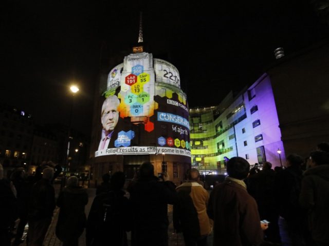 The broadcaster's exit poll results projected on the outside of the BBC building in L