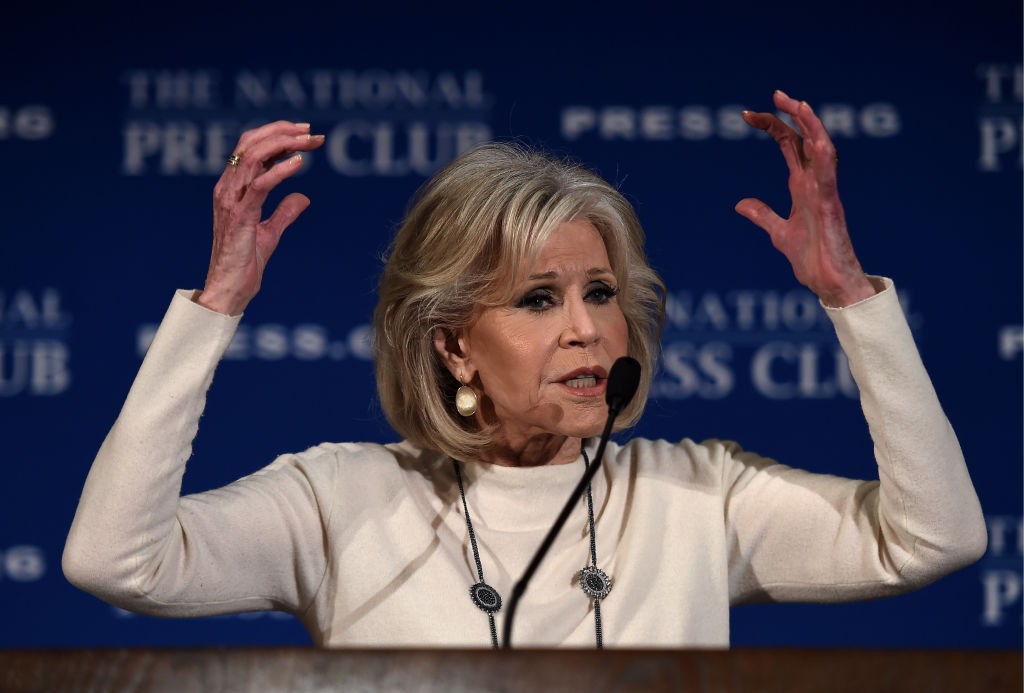 Actress and activist Jane Fonda speaks about her movement to push for political action on climate change during a luncheon at the National Press Club  on December 17,  2019 in Washington, DC. (Photo by Olivier Douliery / AFP) (Photo by OLIVIER DOULIERY/AFP via Getty Images)