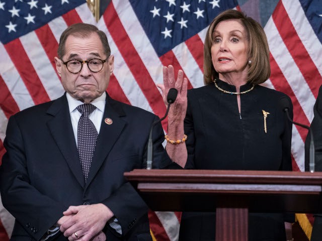 WASHINGTON, DC - DECEMBER 18: Speaker of the House Nancy Pelosi (D-CA) delivers remarks alongside Chairman Jerry Nadler, House Committee on the Judiciary (D-NY) and Chairman Eliot Engel, House Foreign Affairs Committee (D-NY), following the House of Representatives vote to impeach President Donald Trump on December 18, 2019 in Washington, …
