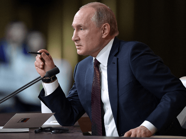 Russian President Vladimir Putin speaks during his annual press conference in Moscow on December 19, 2019. (Photo by Alexey NIKOLSKY / SPUTNIK / AFP) (Photo by ALEXEY NIKOLSKY/SPUTNIK/AFP via Getty Images)