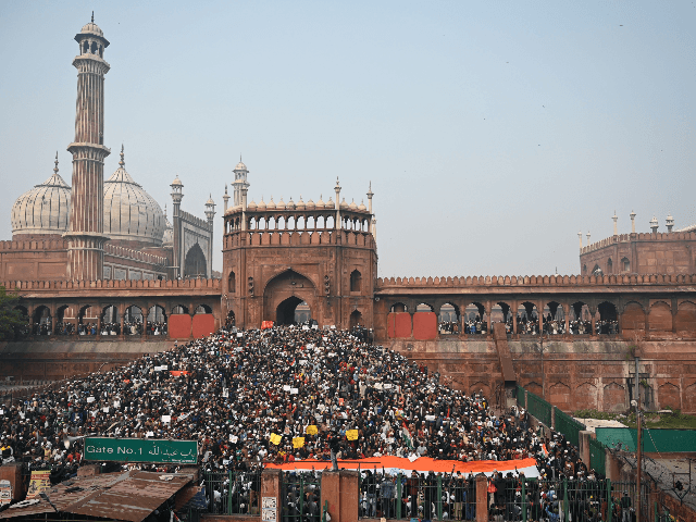 Protesters gather by the Jama Masjid mosque at a demonstration against Indias new citizens
