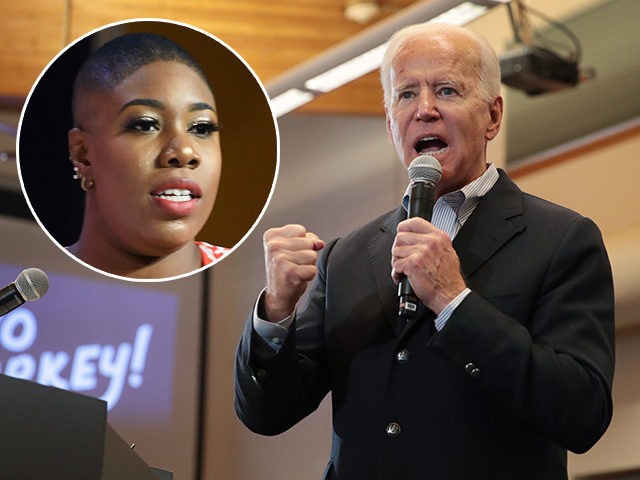 (INSET: Symone Sanders) ALGONA, IOWA - DECEMBER 02: Democratic presidential candidate, former Vice President Joe Biden speaks during a campaign stop at the Water's Edge Nature Center on December 2, 2019 in Algona, Iowa. The stop was part of Biden's 650-mile "No Malarkey" campaign bus trip through rural Iowa. The …