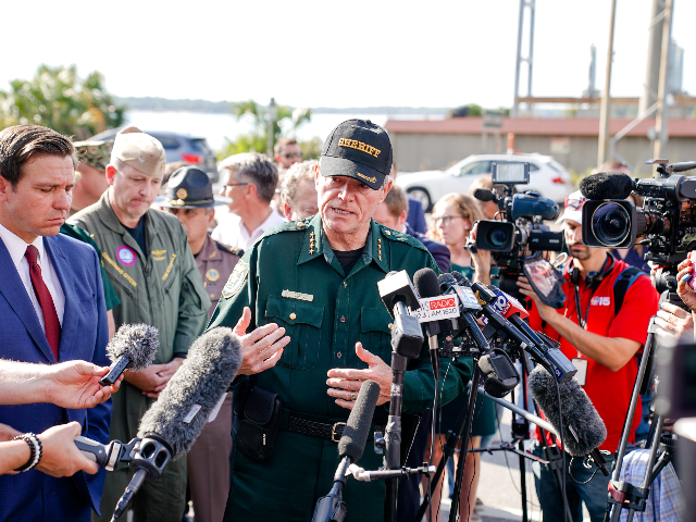 Escambia County Sheriff David Morgan speaks to press following a shooting on the Pensacola Naval Air Base on December 06, 2019 in Pensacola, Florida. The second shooting on a U.S. Naval Base in a week has left three dead plus the suspect and seven people wounded. (Photo by Josh Brasted/Getty …