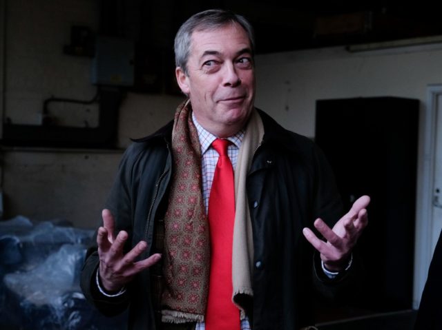 SEDGEFIELD, ENGLAND - DECEMBER 07: Brexit Party leader Nigel Farage speaks to owners and employees during a visit to the Tolley Fabrications factory as he campaigns in Sedgefield on December 07, 2019 in Sedgefield, England. Political parties continue to campaign around the country as Britain prepares to go to the …