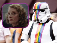 (INSET: Actress Amanda Lawrence in "Star Wars: The Last Jedi") "New York City, USA - June 24, 2012: Starwars character with rainbow stripes marching with people in the New York City Gay Pride Parade on 5th ave in Manhattan."