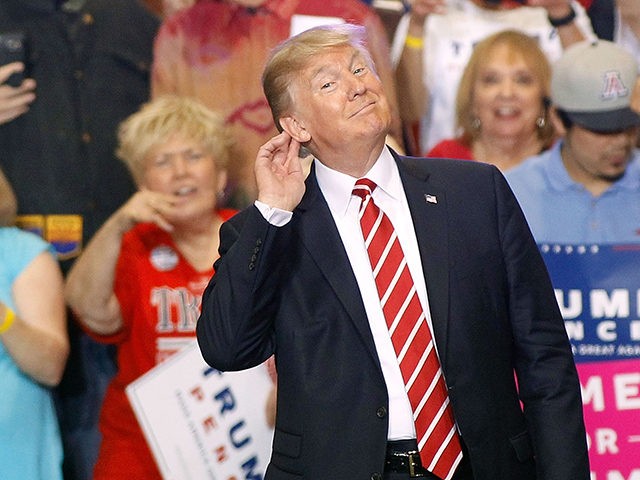 PHOENIX, AZ - AUGUST 22: U.S. President Donald Trump gestures during a rally at the Phoenix Convention Center on August 22, 2017 in Phoenix, Arizona. An earlier statement by the president that he was considering a pardon for Joe Arpaio,, the former sheriff of Maricopa County who was convicted of …