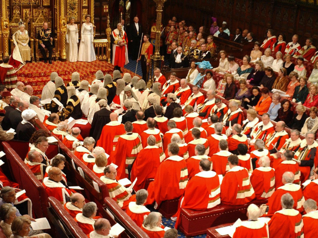LONDON, UNITED KINGDOM: General view in the Chamber of The House of Lords with British Queen Elizabeth II and Prince Philip at background 23 November 2004, in London. The British government announced Tuesday a range of new measures to fight global terrorism and organised crime, as Queen Elizabeth II set …